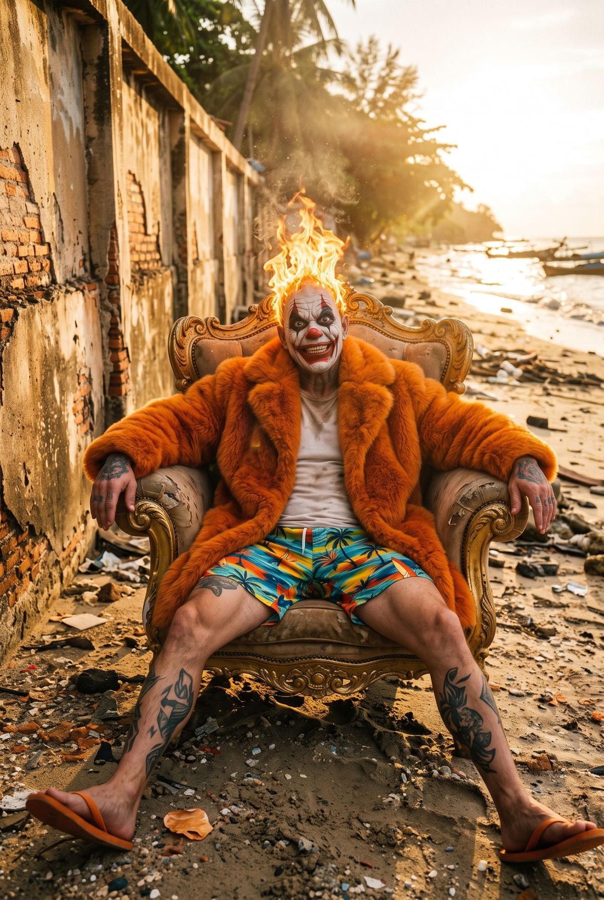 Clown mit brennenden Haaren im orangen Pelzmantel auf einem Barocksessel am Strand von Koh Samui